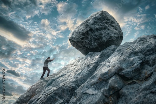businessman pushing huge rock up the hill photo