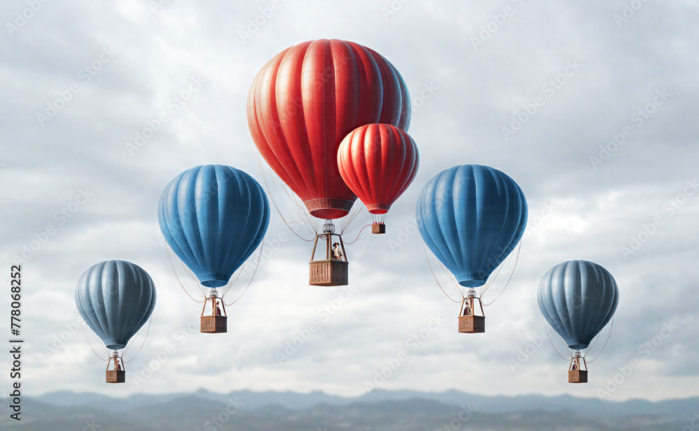 Obraz premium Business competitive advantage success as a group of hot air balloons racing to the top but an individual leader winning the competition with a small hot air balloon