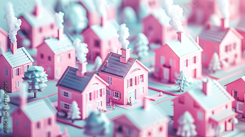 Pastel Suburbia: A Miniature Neighborhood. A whimsical miniature neighborhood bathed in pastel pink hues, with stylized houses and frosted trees, depicting a dreamlike suburban scene. photo