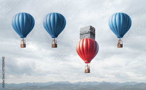 Competitive struggle and business disadvantage. Hot air balloons racing to the top but the laggard is prevented by obstacles from rising, he uses his willpower photo