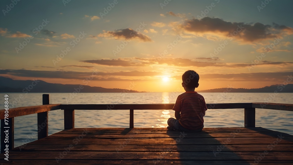 children watching sunset :Tranquil Lakeside Moments: Kid Silhouette