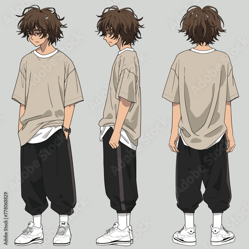 Anime character, casual attire, three views.
