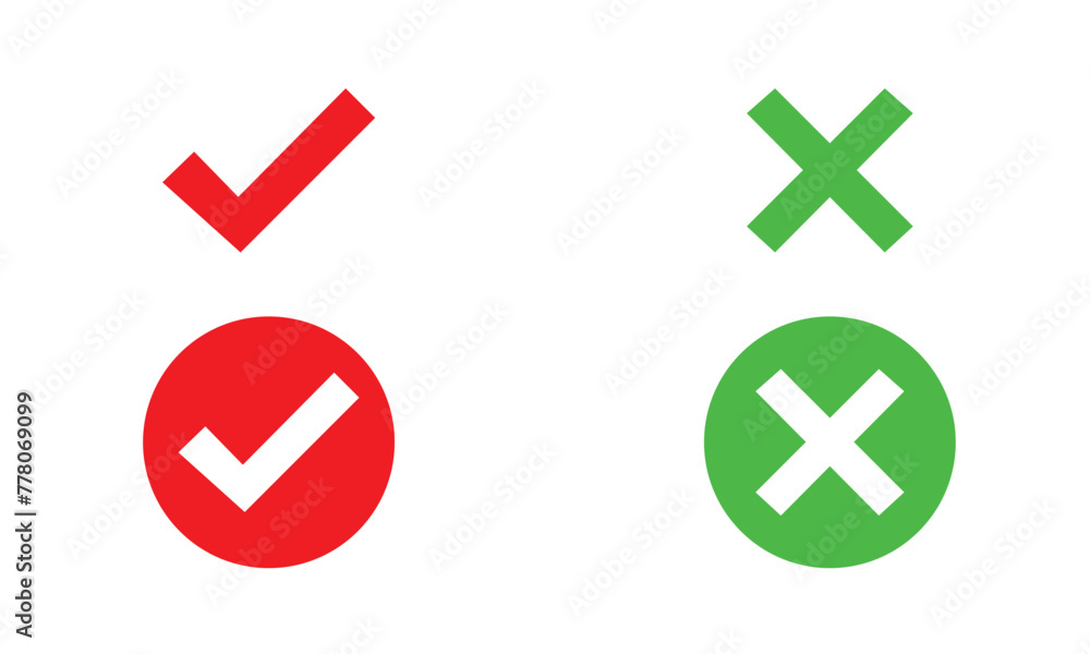 Green check mark, red cross mark icon set. Isolated tick symbols, checklist signs, approval badge. Flat and modern checkmark design. Green check mark, red cross mark icon set. Isolated tick symbols, checklist signs, approval badge. Flat and modern checkmark design.