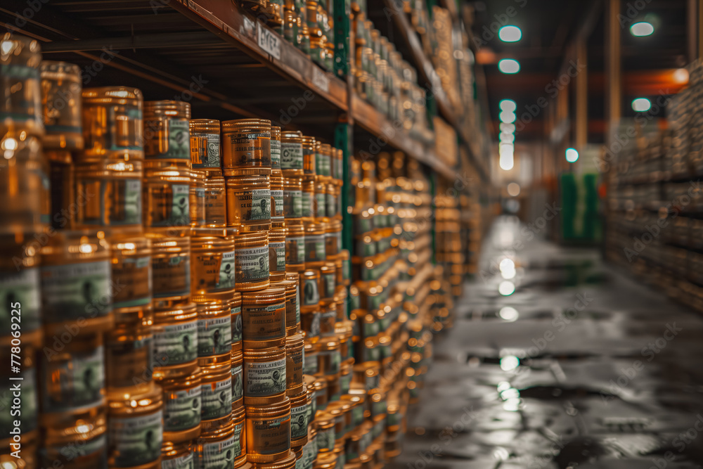 Rows of Shelves Filled With Gold Cans