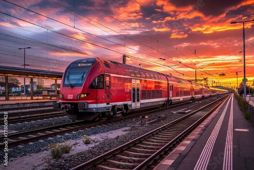 Suns train passenger red contemporary railway station beauty. Generative Ai