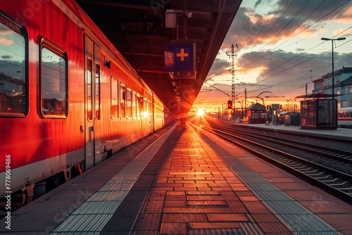 Suns train passenger red contemporary railway station beauty. Generative Ai