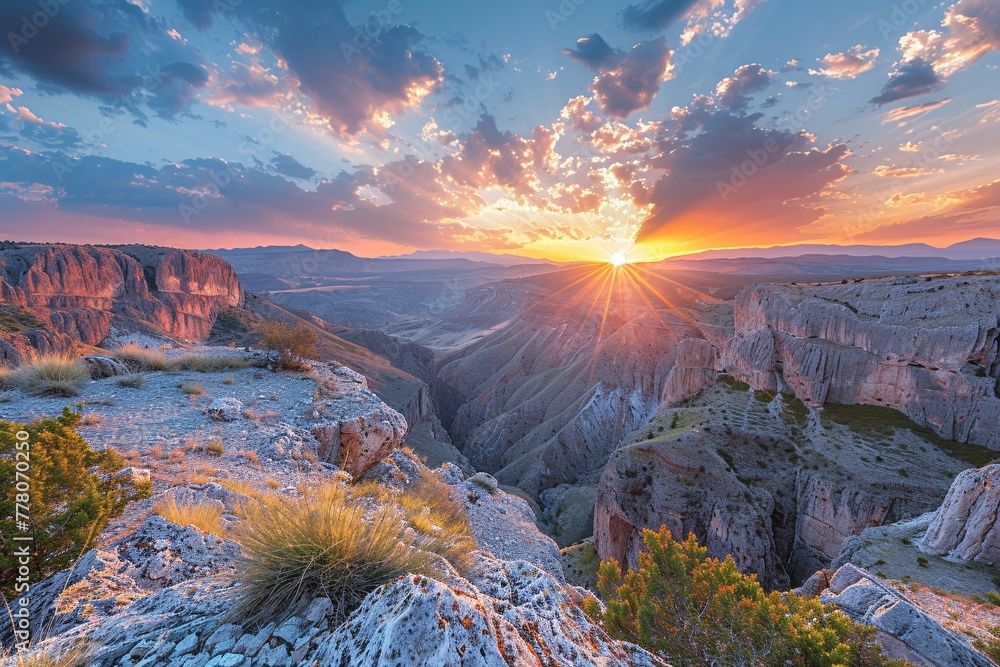 A picturesque summer sunset over a vibrant canyon landscape in Turkey's breathtaking Tasyaran Canyon.