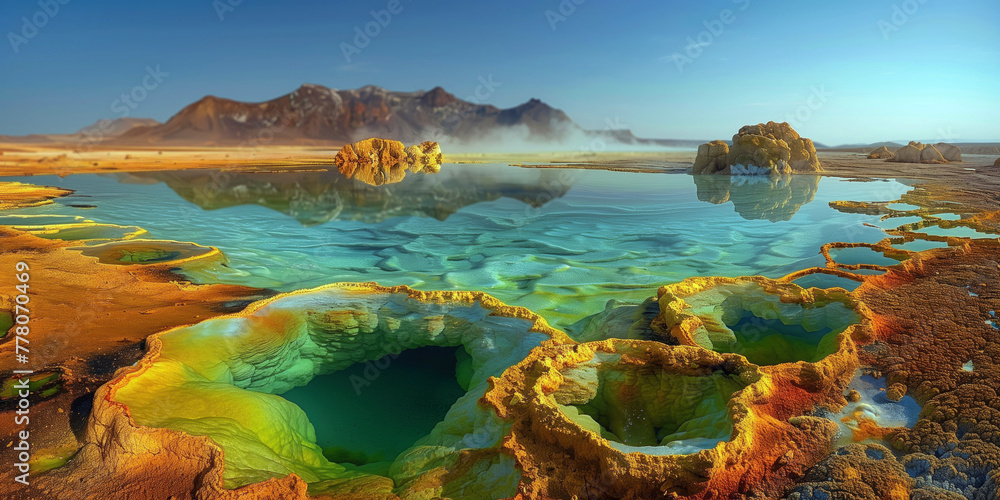 hot mineralized springs with colorful sediments in a volcanic basin