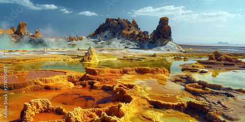 amazing landscape with hot springs, vibrant sulfur deposits and volcanic rocks photo