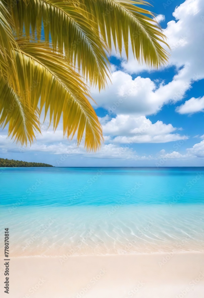 Tropical beach, blue sky and sea, white sand, palm trees, summer composition, concept for advertising design, posters, landscape background. 9:16 format