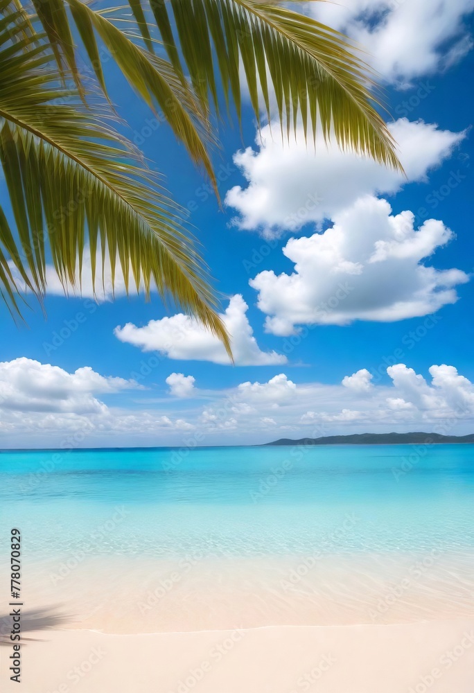 Tropical beach, blue sky and sea, white sand, palm trees, summer composition, concept for advertising design, posters, landscape background. 9:16 format