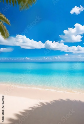 Tropical beach, blue sky and sea, white sand, palm trees, summer composition, concept for advertising design, posters, landscape background. 9:16 format © Pink Zebra