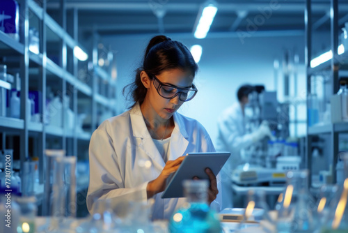 Female Scientist Using Tablet to Analyze Data in High-Tech Laboratory