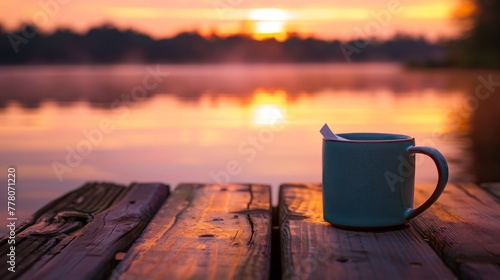 A serene sunrise scene with a coffee mug on a rustic wooden pier overlooking a tranquil lake, perfect for themes of solitude and reflection. photo