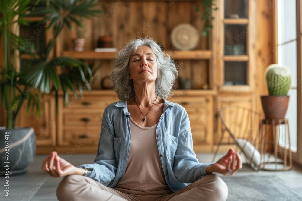 Peaceful senior woman doing breathing exercise at home, mature woman meditating at home with eyes closed Peaceful senior woman doing breathing exercise at home, mature woman meditating at home with eyes closed
