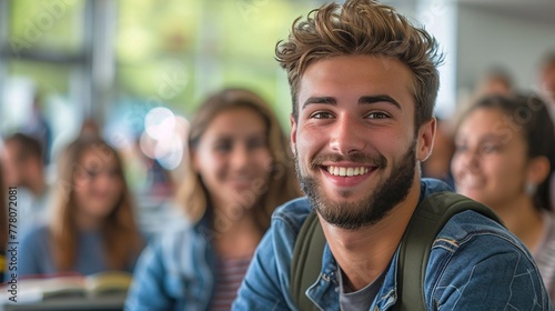 Ecstatic university attendee paying attention in class and making eye contact with the camera.