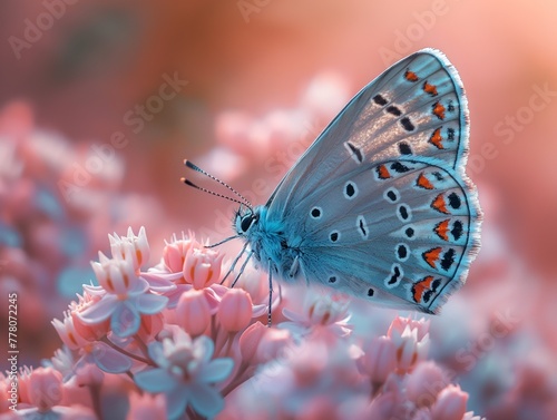 exotic butterfly on a flower, close up, soft and pink colors