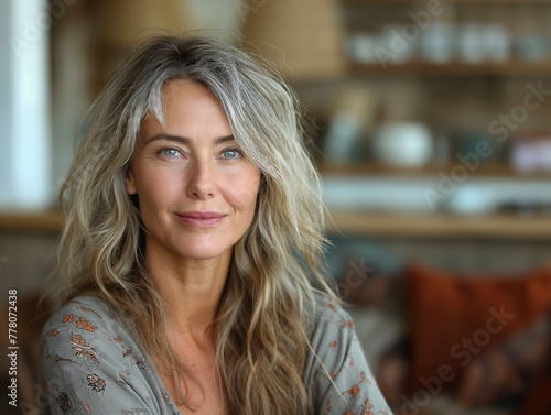 Beautiful mature senior woman at home in the living room smiling at the camera