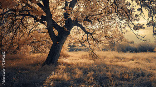 Tree depicted using the color palette of vintage film, with tranquil expressions and elegant postures