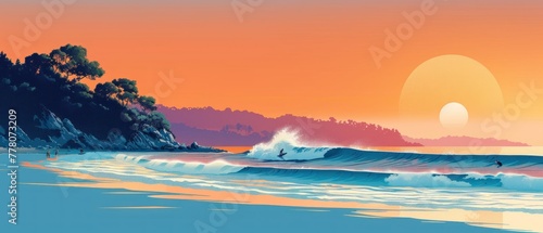 A beautiful beach scene with a surfer riding a wave