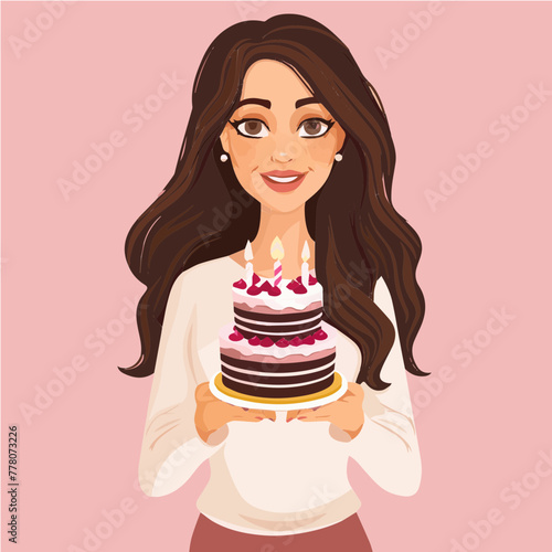 Woman with a birthday cake on pink background