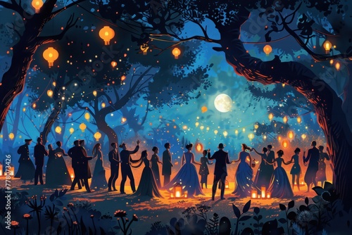 A group of people are dancing in a forest at night