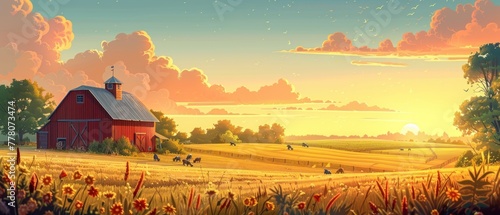 A red barn sits in a field of yellow grass photo