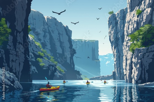 A group of people are kayaking down a river in a mountainous area
