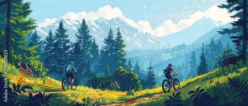 Two people are riding bikes in a forest with mountains in the background
