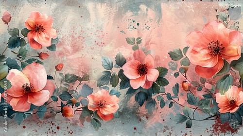Floral motif of pink and green watercolor with distressed grunge texture, perfect for prints, cards, and wallpapers.