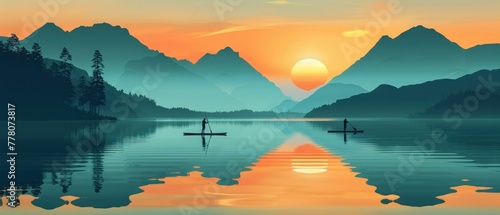 Two people paddle on a lake at sunset