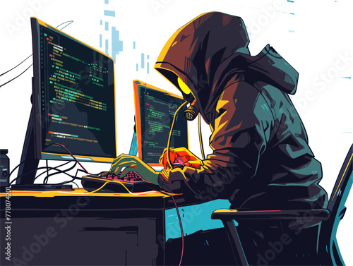 hacker exploits software vulnerability causing disruption. photo
