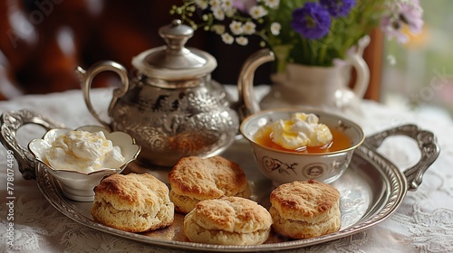 Vintage tea set with pot, cream, scones, and a cup of tea with a floral backdrop