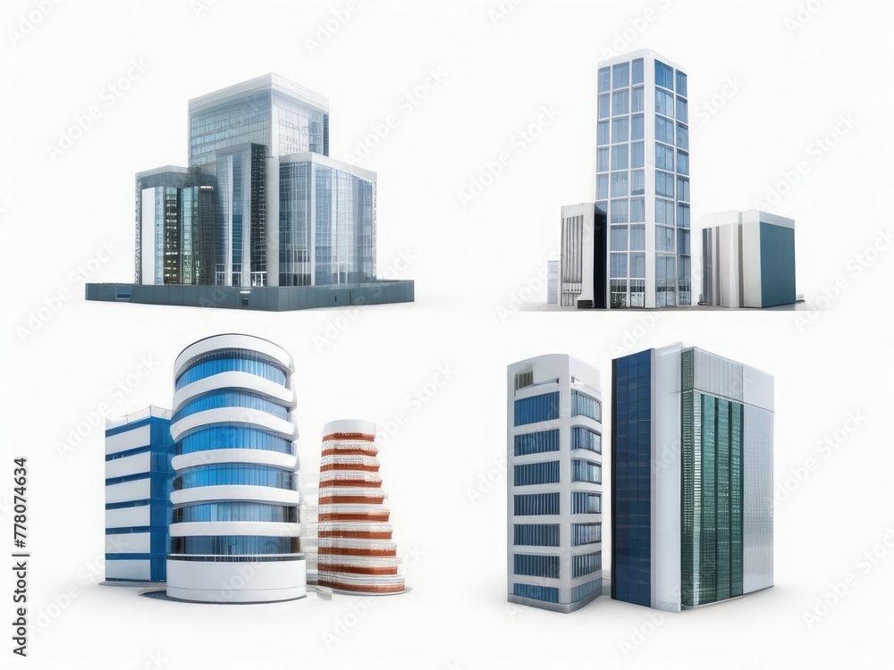 Different styles of modern buildings isolated on white background, high rise buildings.
