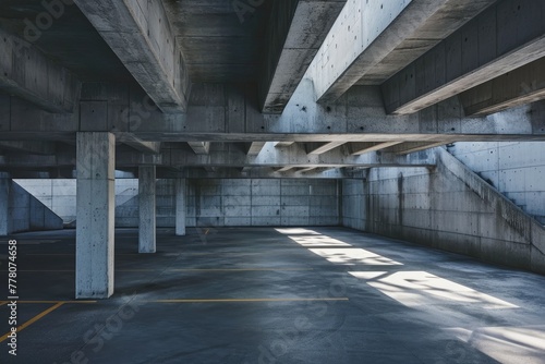 Concrete architecture with car park, empty cement floor.