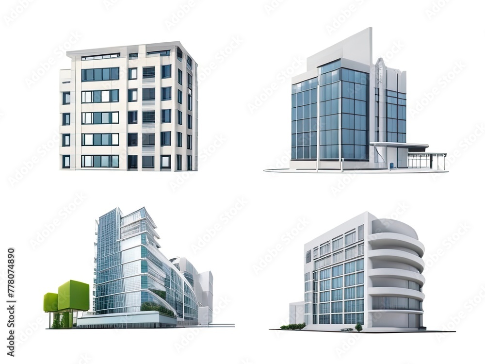 Different styles of modern buildings isolated on white background, high rise buildings.