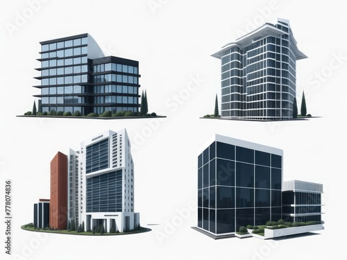 Different styles of modern buildings isolated on white background  high rise buildings.