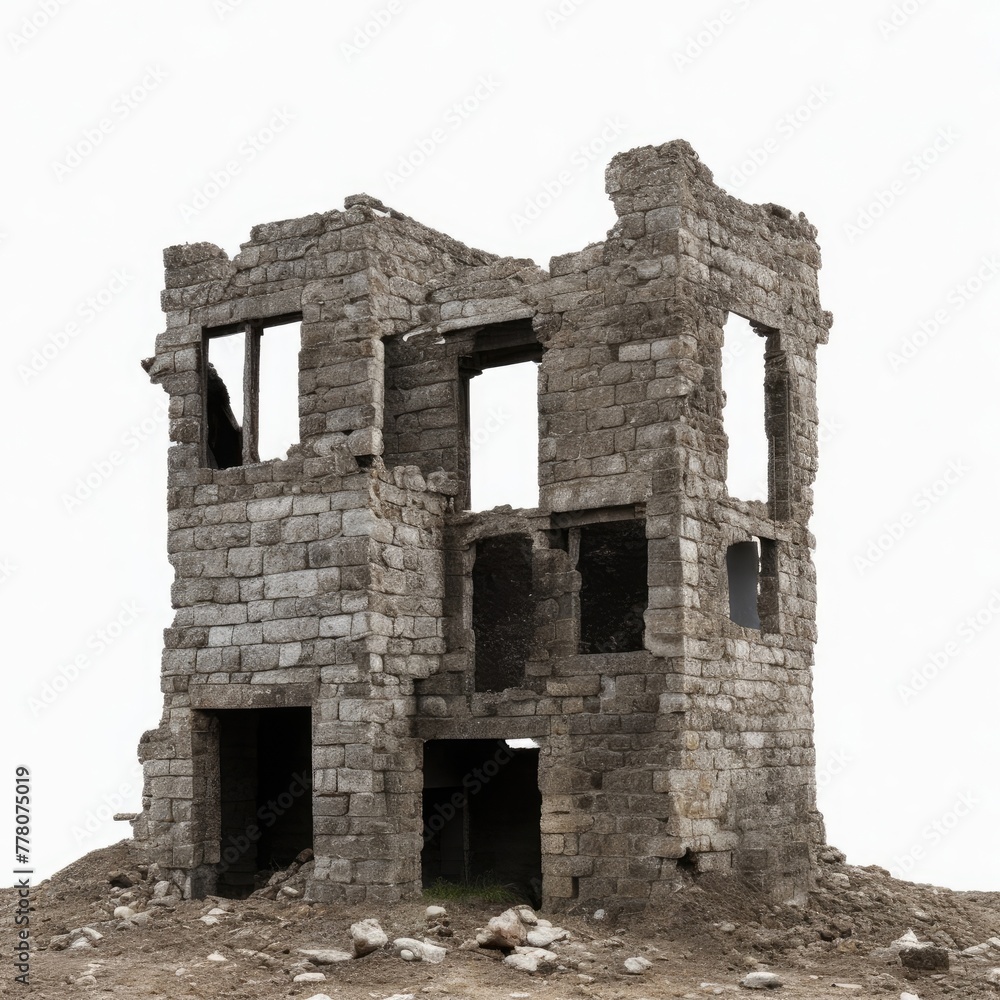 Ruined building isolated on white background