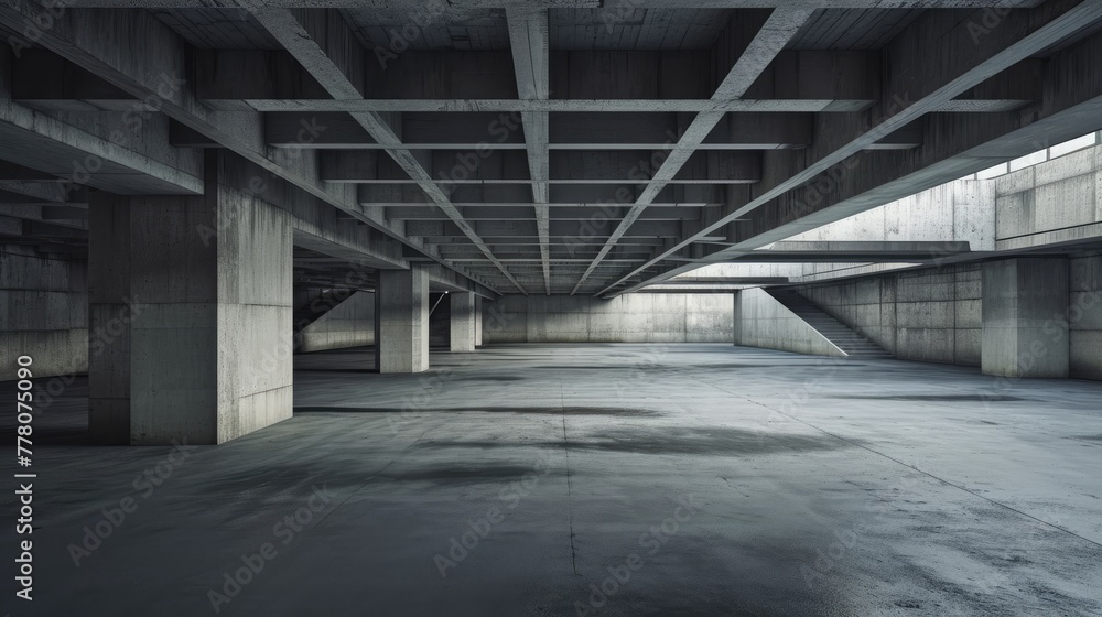 Concrete architecture with car park, empty cement floor.