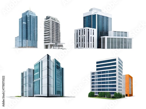 Different styles of modern buildings isolated on white background  high rise buildings.