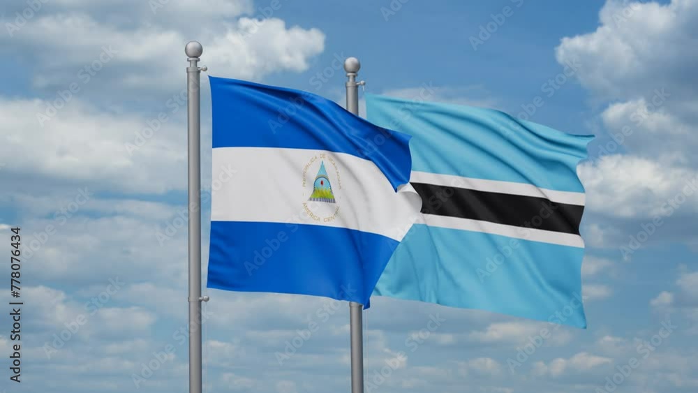 Botswana and Nicaragua two flags waving together, looped video, two country relations concept Botswana and Nicaragua two flags waving together, looped video, two country relations concept