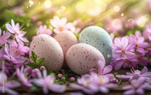 Decorative eggs nestled among spring flowers