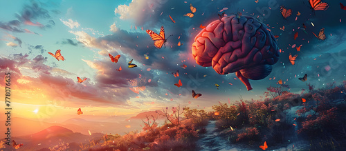Human brain connected to nature and mental wellness concept with butterflies and positive imagery. photo