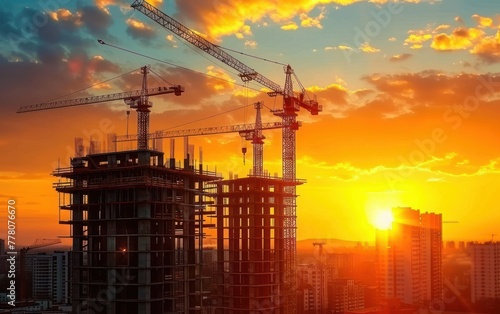 Cranes looming over city buildings at golden hour