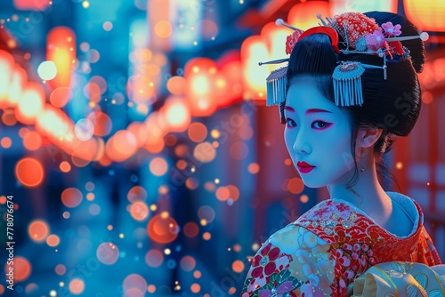 Sumie ink maiko in Gion, lantern glow, night, frontal view , clip art, 8K , high-resolution, ultra HD,up32K HD photo