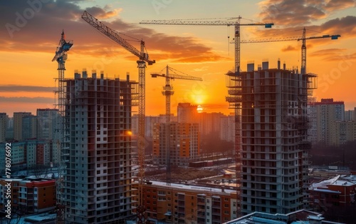 Winter sunrise amidst tall city construction cranes