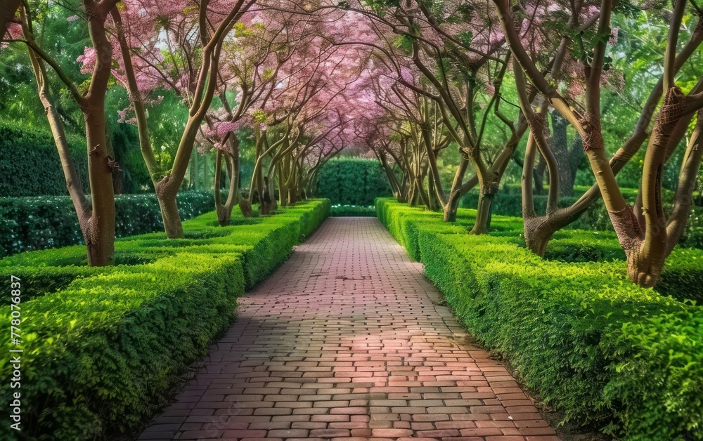 Serene park alleyway with blooming trees