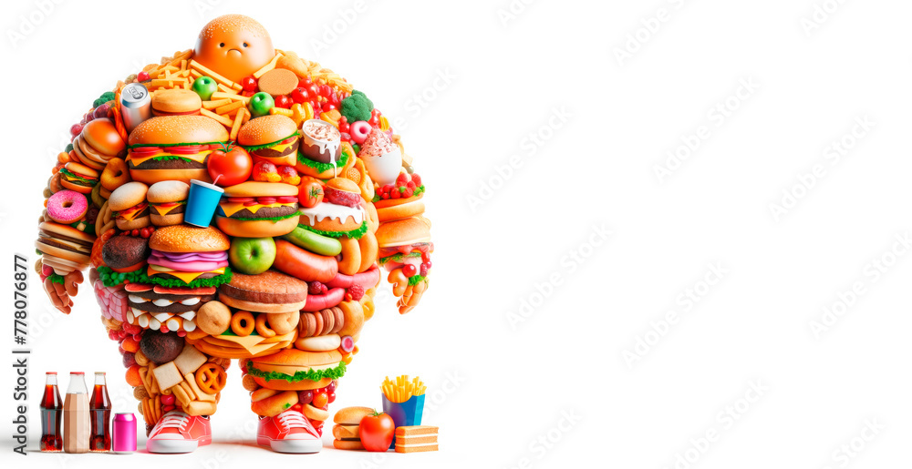 A figurine made of various unhealthy food items on a white background, depicting the concept of obesity. Generative AI