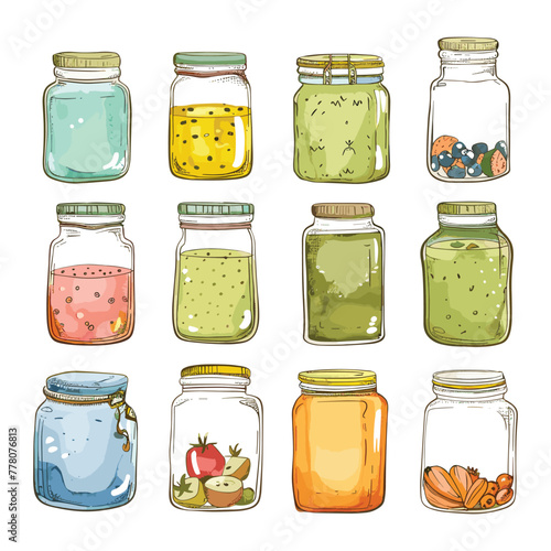 set of jars. Kitchen jars with graphic design art print, stickers, in EPS format, on a white background, illustrated as vectors.