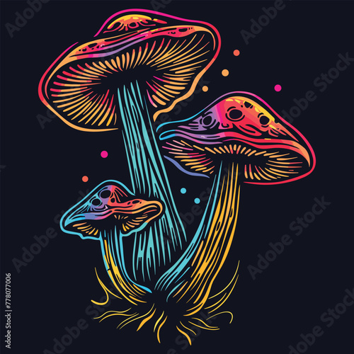 mushrooms. Vector illustration of a vibrant psychedelic mushroom cartoon with bold black outlines.